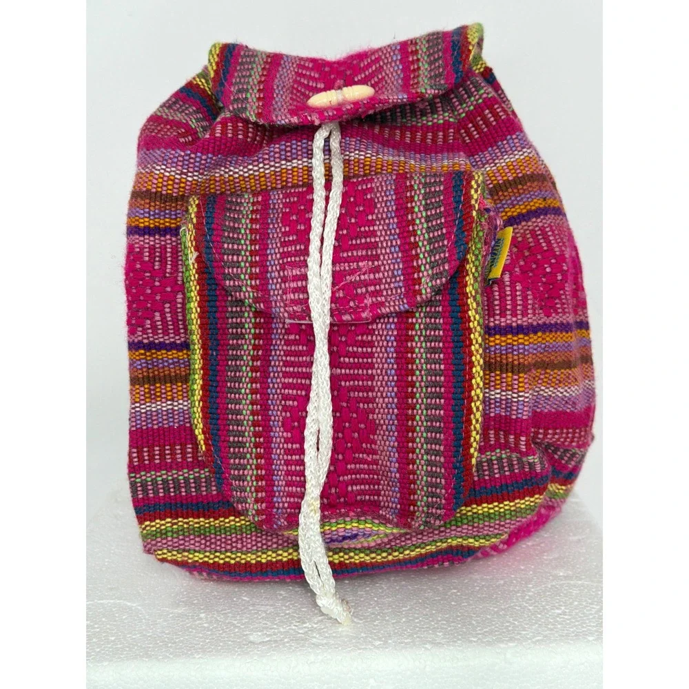 Artesanias Pinzon Woven Mexican Backpack Pink Multi Stripe Boho Rucksack Small